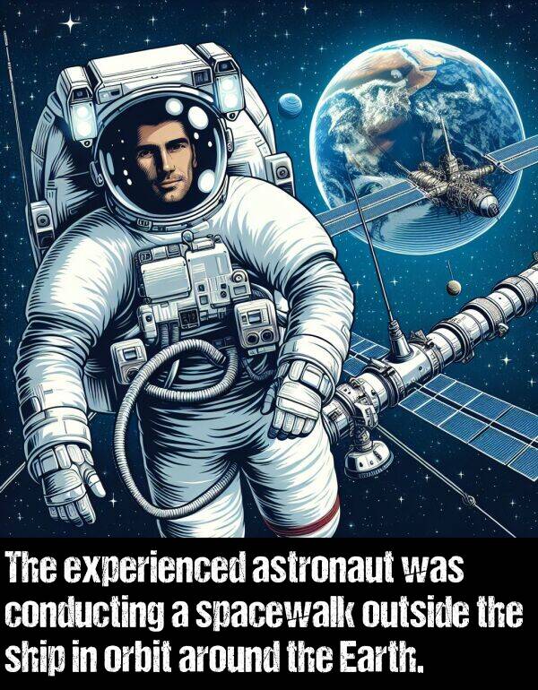 orbit: The experienced astronaut was conducting a spacewalk outside the ship in orbit around the Earth.