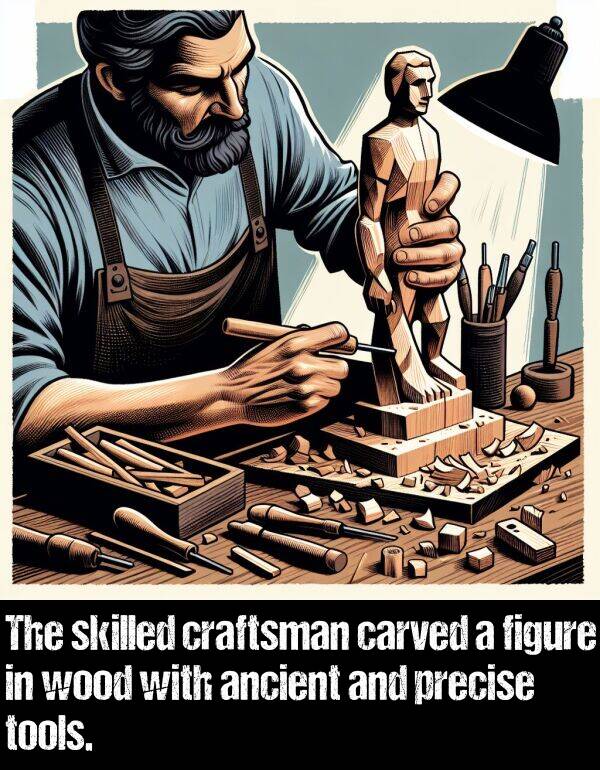 figure: The skilled craftsman carved a figure in wood with ancient and precise tools.