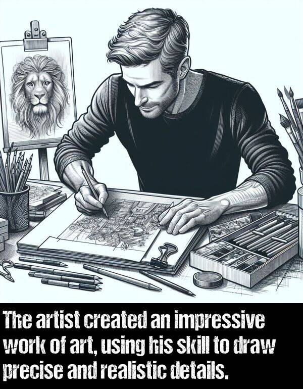 created: The artist created an impressive work of art, using his skill to draw precise and realistic details.