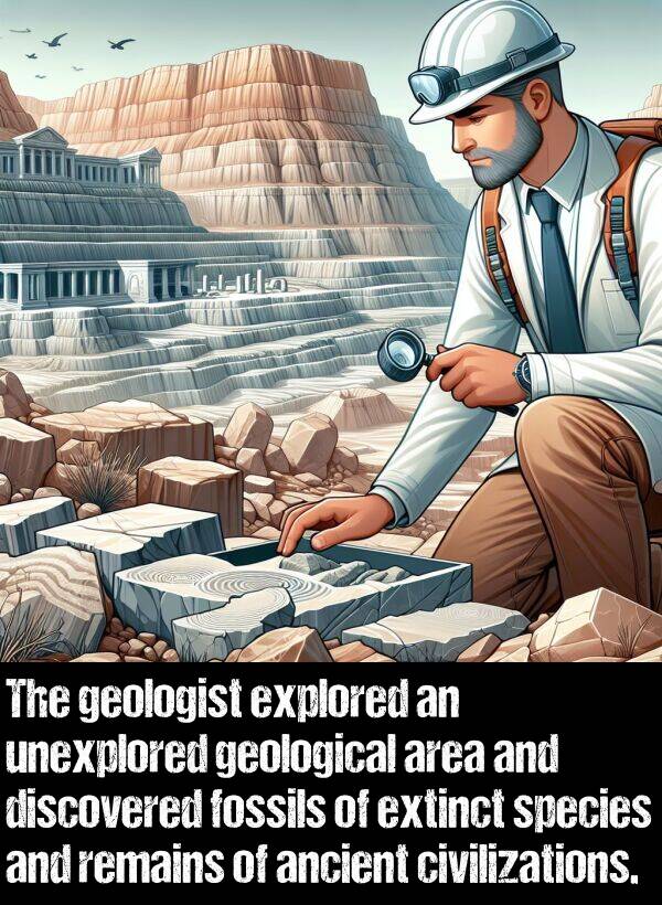 geologist: The geologist explored an unexplored geological area and discovered fossils of extinct species and remains of ancient civilizations.