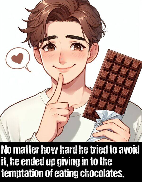 ended: No matter how hard he tried to avoid it, he ended up giving in to the temptation of eating chocolates.