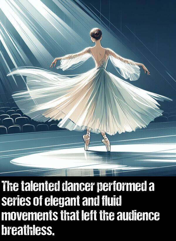 performed: The talented dancer performed a series of elegant and fluid movements that left the audience breathless.