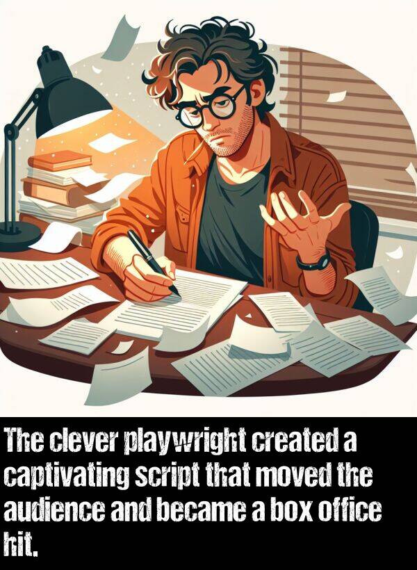 created: The clever playwright created a captivating script that moved the audience and became a box office hit.