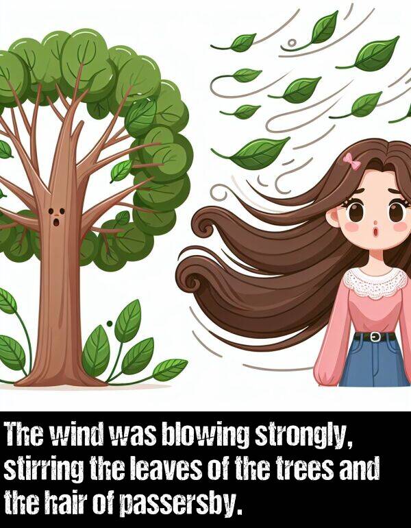 hair: The wind was blowing strongly, stirring the leaves of the trees and the hair of passersby.