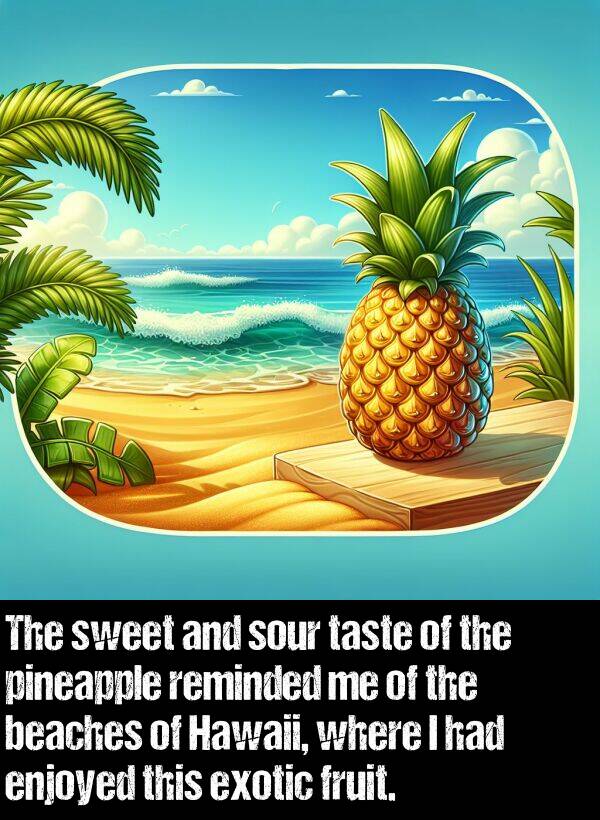 beaches: The sweet and sour taste of the pineapple reminded me of the beaches of Hawaii, where I had enjoyed this exotic fruit.