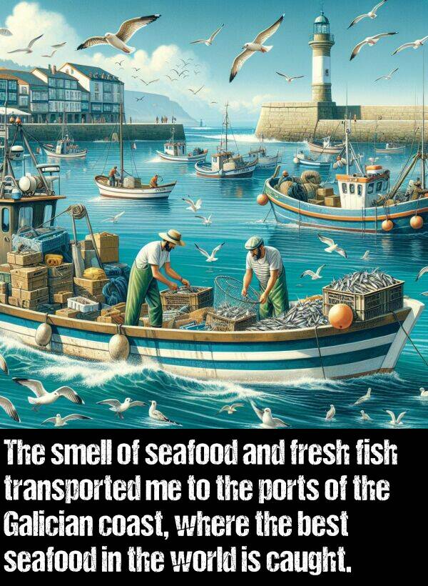 ports: The smell of seafood and fresh fish transported me to the ports of the Galician coast, where the best seafood in the world is caught.