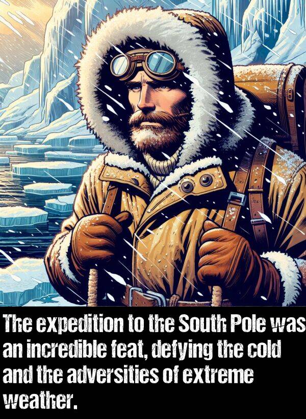 defying: The expedition to the South Pole was an incredible feat, defying the cold and the adversities of extreme weather.