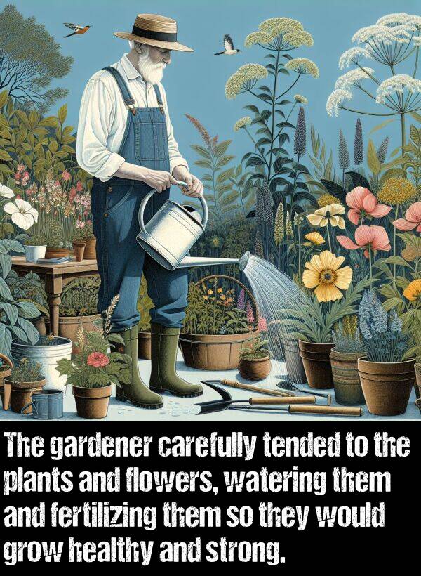 tended: The gardener carefully tended to the plants and flowers, watering them and fertilizing them so they would grow healthy and strong.