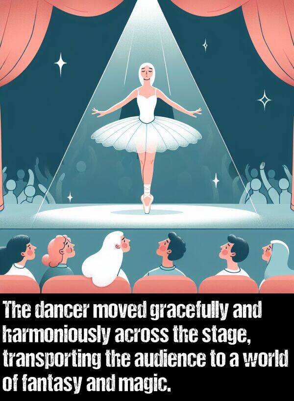 gracefully: The dancer moved gracefully and harmoniously across the stage, transporting the audience to a world of fantasy and magic.