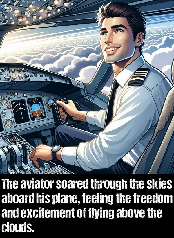 feeling: The aviator soared through the skies aboard his plane, feeling the freedom and excitement of flying above the clouds.