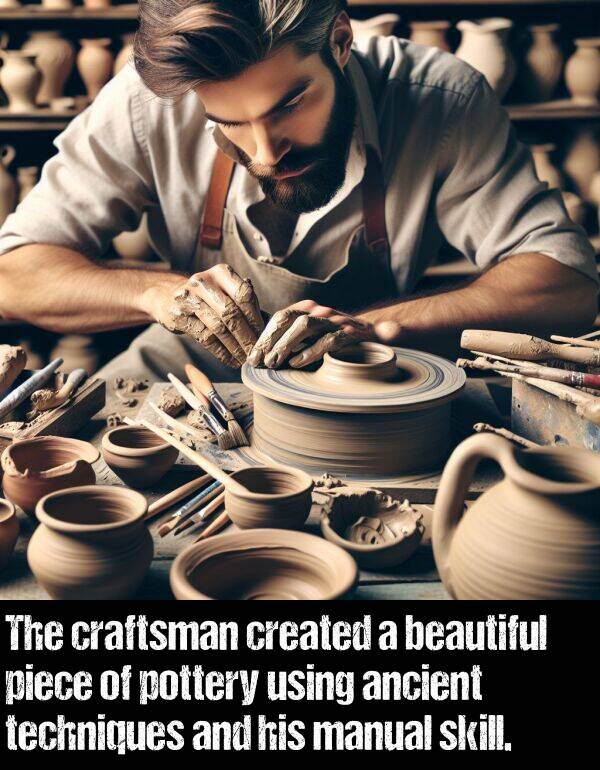 piece: The craftsman created a beautiful piece of pottery using ancient techniques and his manual skill.