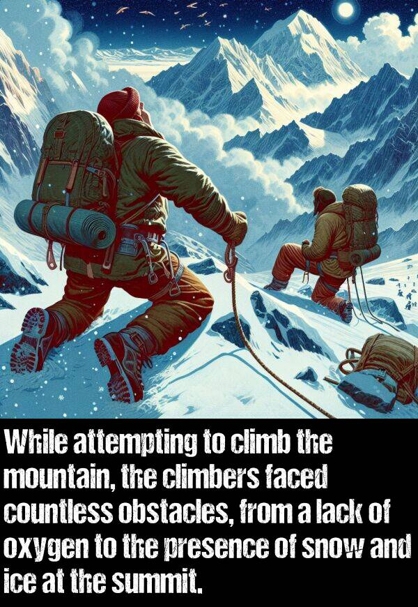 presence: While attempting to climb the mountain, the climbers faced countless obstacles, from a lack of oxygen to the presence of snow and ice at the summit.