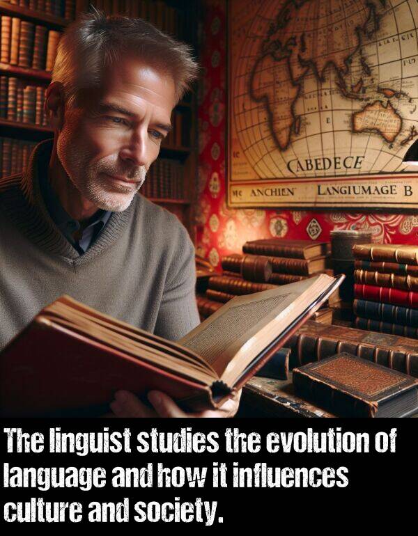 culture: The linguist studies the evolution of language and how it influences culture and society.