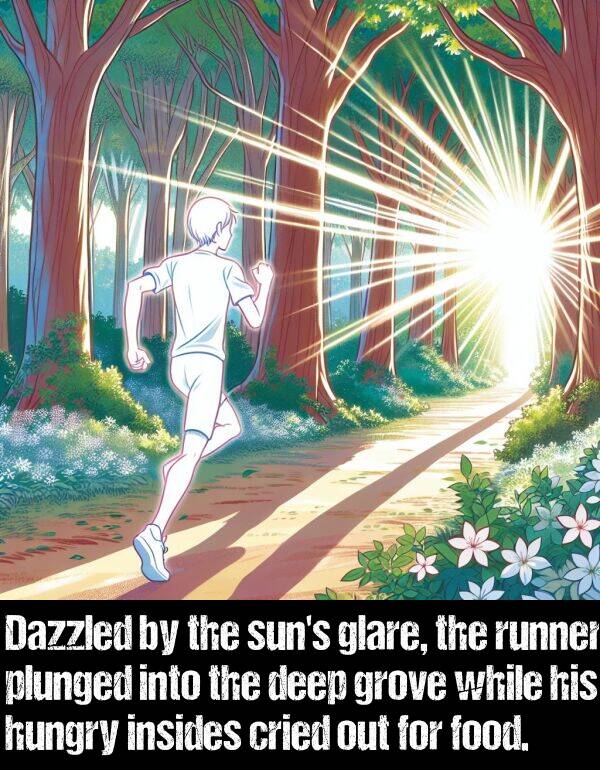 glare: Dazzled by the sun's glare, the runner plunged into the deep grove while his hungry insides cried out for food.