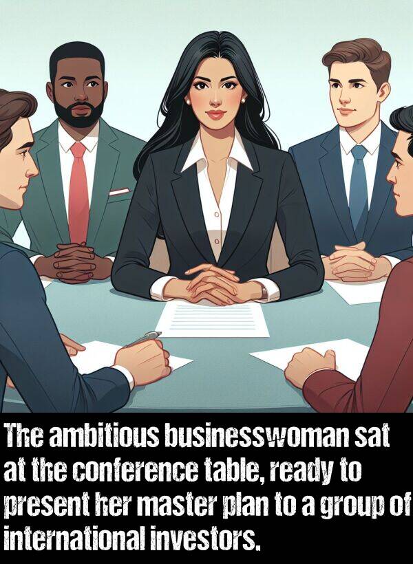 group: The ambitious businesswoman sat at the conference table, ready to present her master plan to a group of international investors.