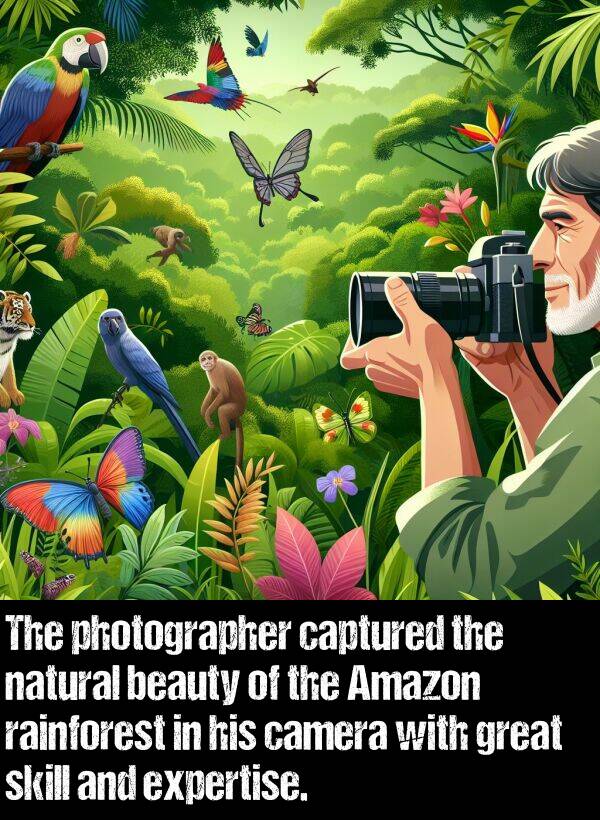 camera: The photographer captured the natural beauty of the Amazon rainforest in his camera with great skill and expertise.