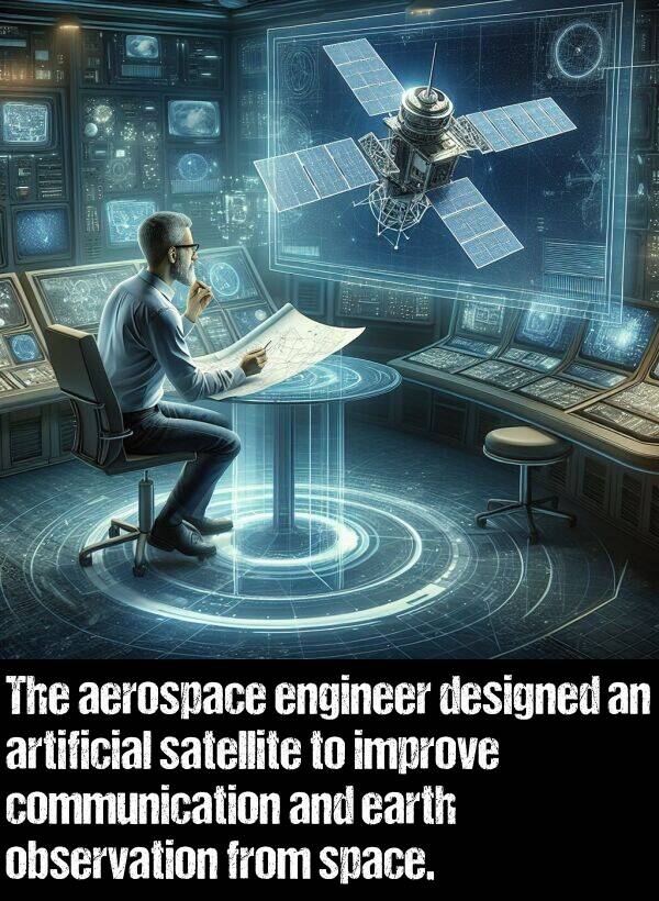 engineer: The aerospace engineer designed an artificial satellite to improve communication and earth observation from space.