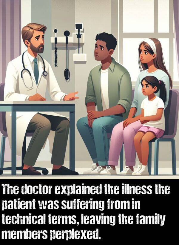 illness: The doctor explained the illness the patient was suffering from in technical terms, leaving the family members perplexed.