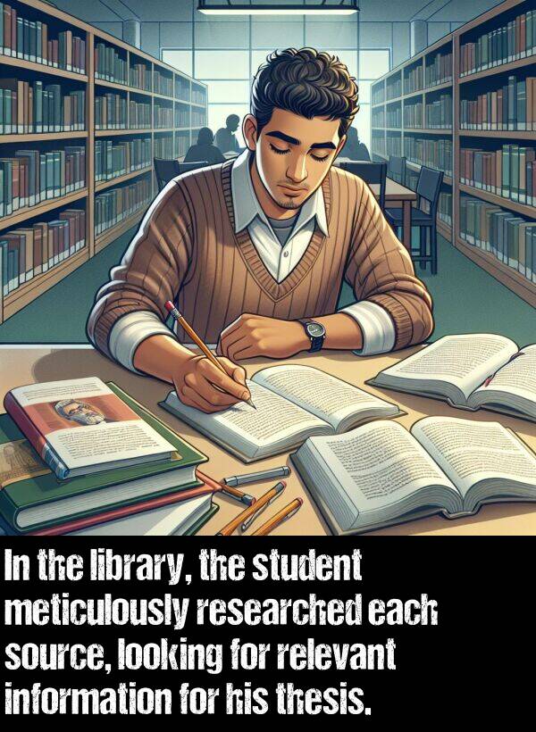 library: In the library, the student meticulously researched each source, looking for relevant information for his thesis.