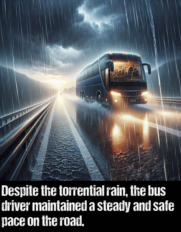 rain: Despite the torrential rain, the bus driver maintained a steady and safe pace on the road.