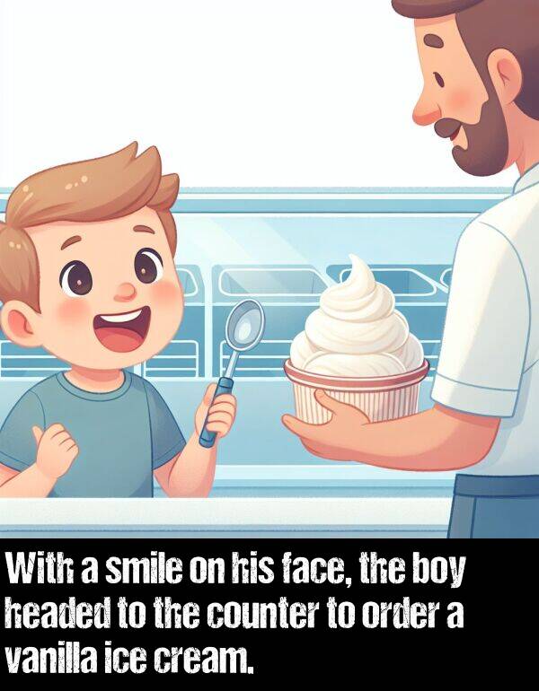 face: With a smile on his face, the boy headed to the counter to order a vanilla ice cream.