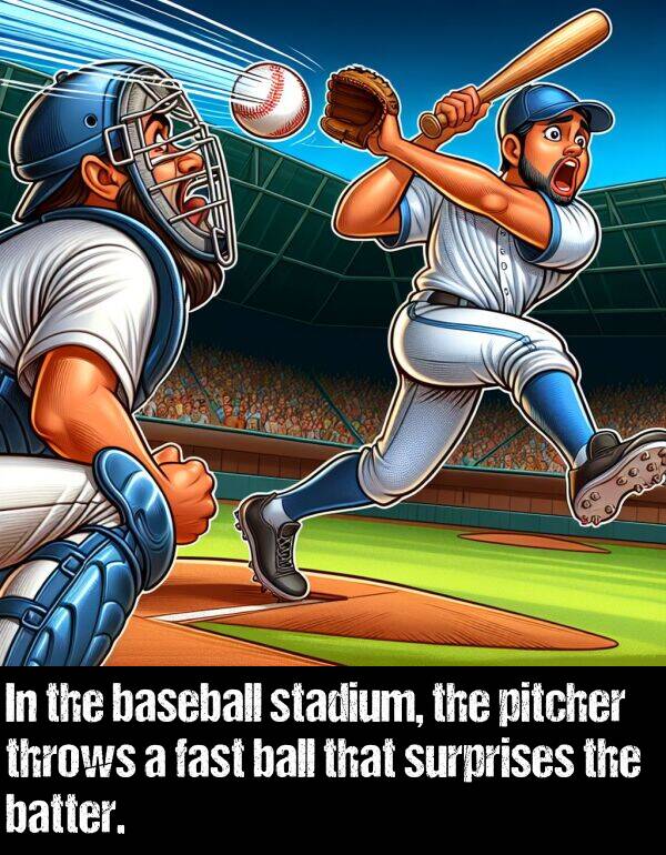 fast: In the baseball stadium, the pitcher throws a fast ball that surprises the batter.