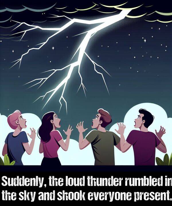 loud: Suddenly, the loud thunder rumbled in the sky and shook everyone present.