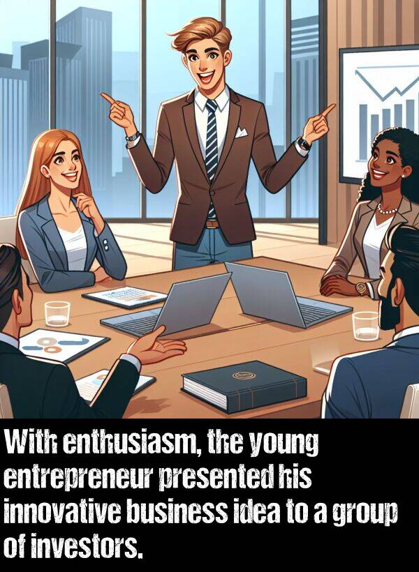 innovative: With enthusiasm, the young entrepreneur presented his innovative business idea to a group of investors.