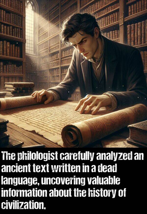 information: The philologist carefully analyzed an ancient text written in a dead language, uncovering valuable information about the history of civilization.