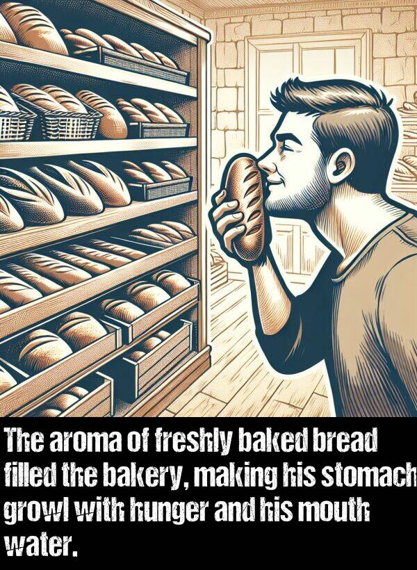 growl: The aroma of freshly baked bread filled the bakery, making his stomach growl with hunger and his mouth water.