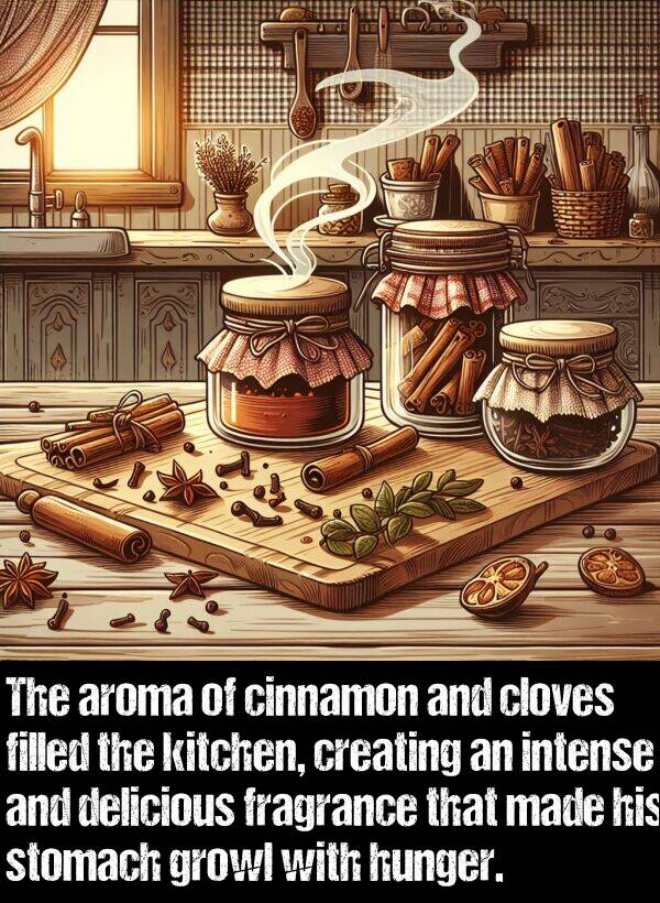 creating: The aroma of cinnamon and cloves filled the kitchen, creating an intense and delicious fragrance that made his stomach growl with hunger.