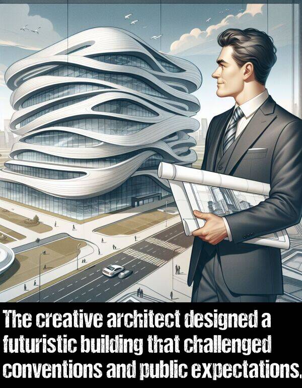 designed: The creative architect designed a futuristic building that challenged conventions and public expectations.