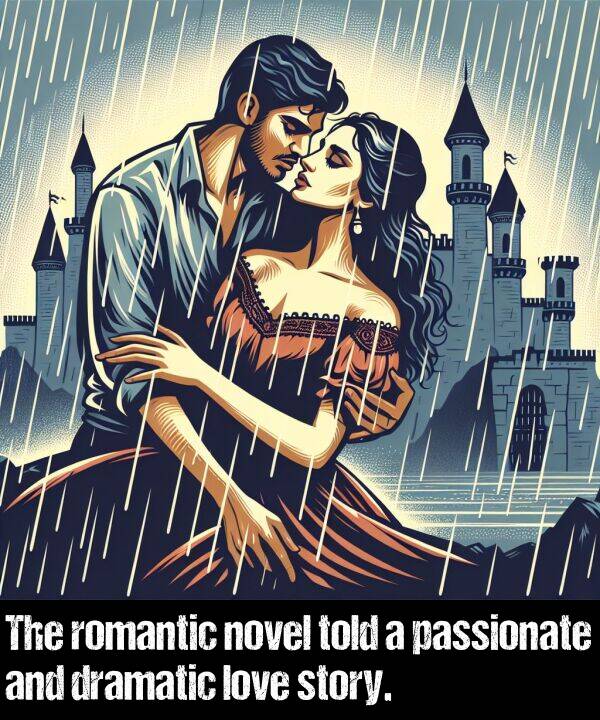 love: The romantic novel told a passionate and dramatic love story.