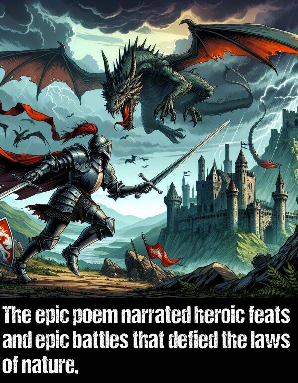 nature: The epic poem narrated heroic feats and epic battles that defied the laws of nature.