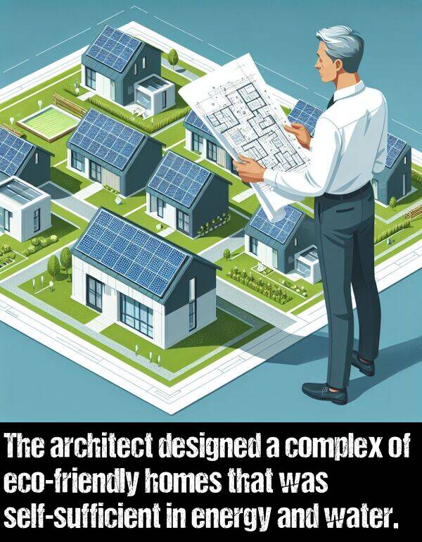 energy: The architect designed a complex of eco-friendly homes that was self-sufficient in energy and water.