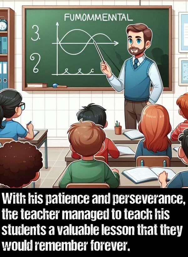 would: With his patience and perseverance, the teacher managed to teach his students a valuable lesson that they would remember forever.