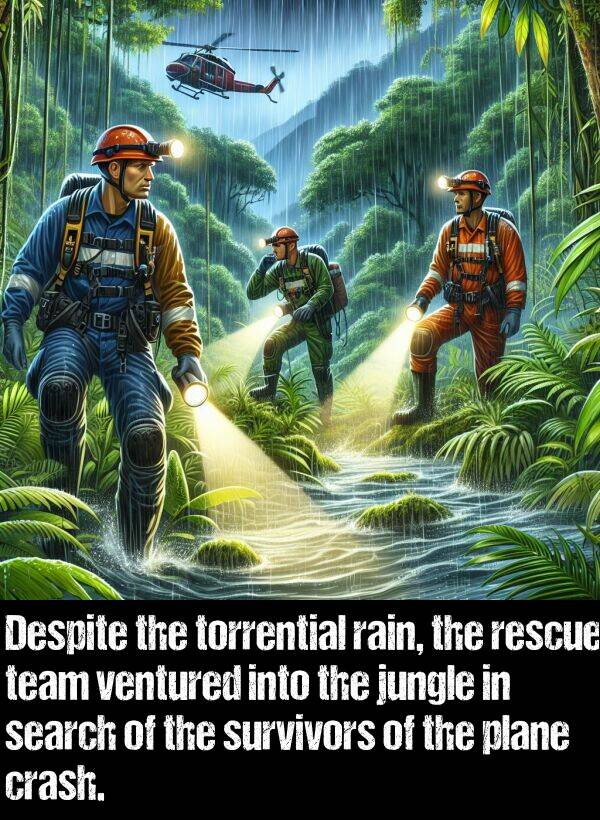 rain: Despite the torrential rain, the rescue team ventured into the jungle in search of the survivors of the plane crash.