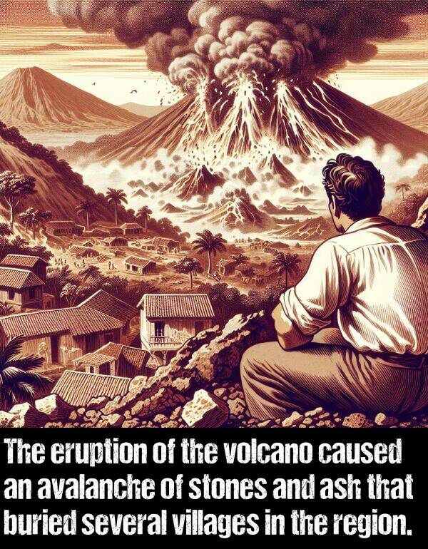 region: The eruption of the volcano caused an avalanche of stones and ash that buried several villages in the region.