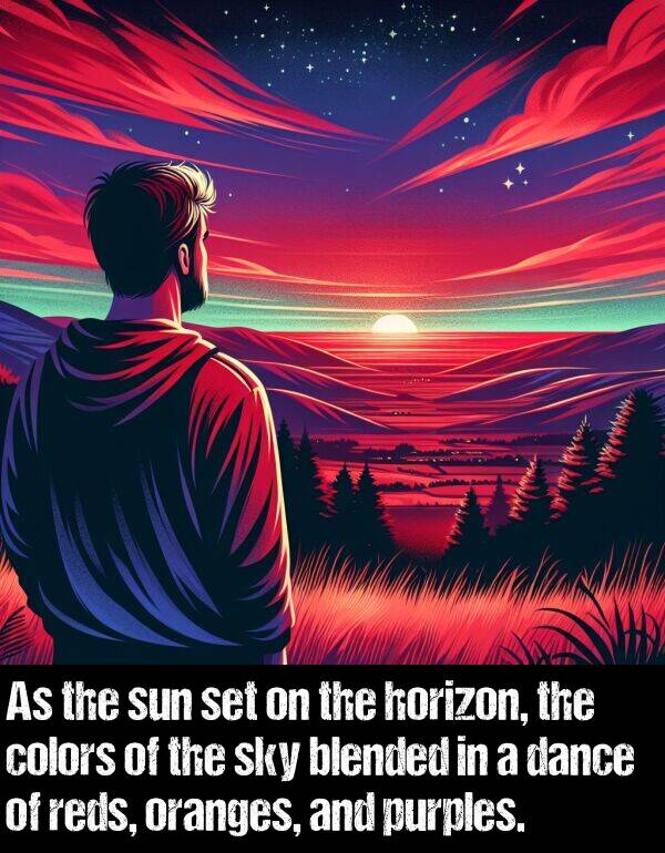 blended: As the sun set on the horizon, the colors of the sky blended in a dance of reds, oranges, and purples.