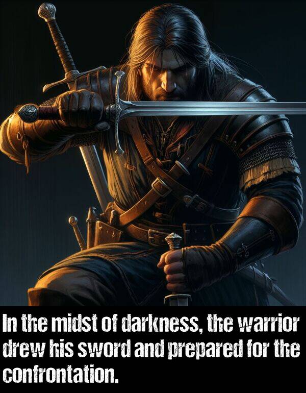 confrontation: In the midst of darkness, the warrior drew his sword and prepared for the confrontation.