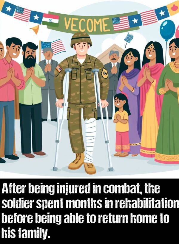 soldier: After being injured in combat, the soldier spent months in rehabilitation before being able to return home to his family.