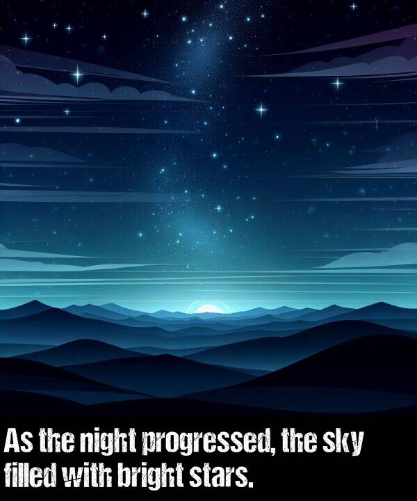 bright: As the night progressed, the sky filled with bright stars.