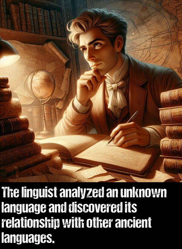 language: The linguist analyzed an unknown language and discovered its relationship with other ancient languages.