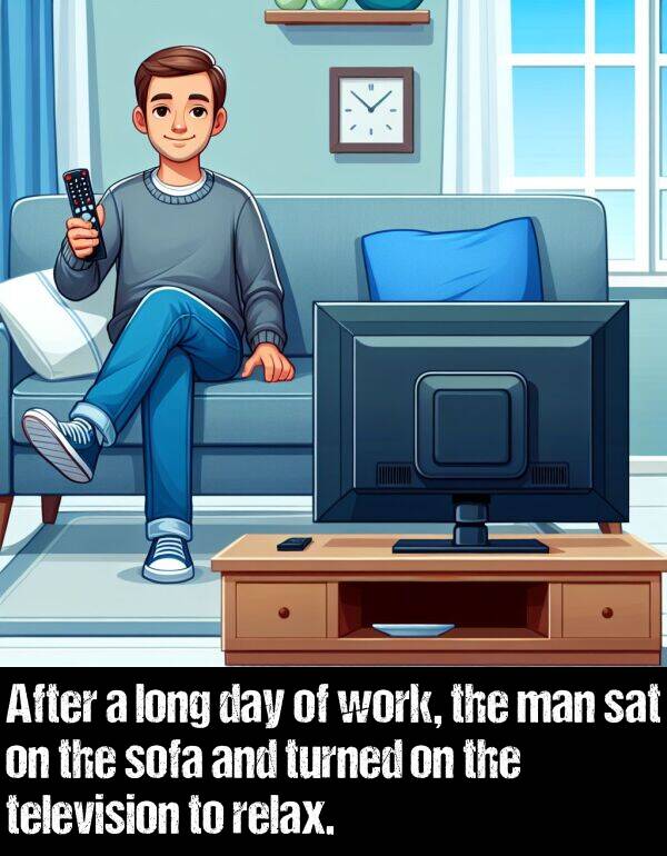 long: After a long day of work, the man sat on the sofa and turned on the television to relax.