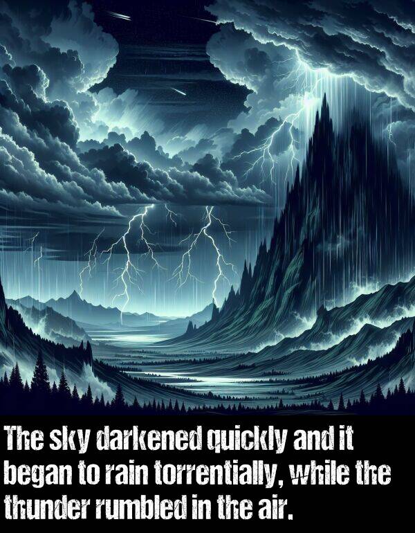 air: The sky darkened quickly and it began to rain torrentially, while the thunder rumbled in the air.