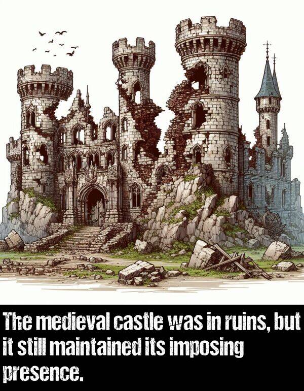 imposing: The medieval castle was in ruins, but it still maintained its imposing presence.