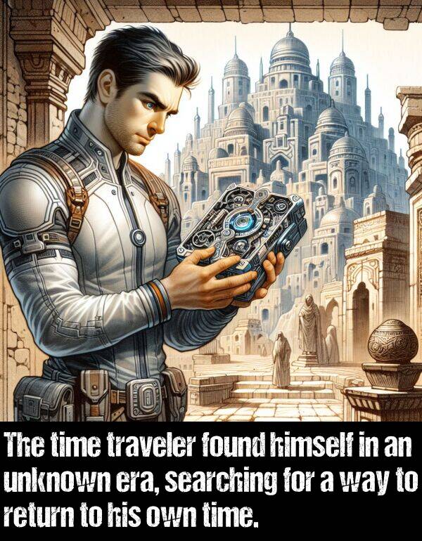 own: The time traveler found himself in an unknown era, searching for a way to return to his own time.