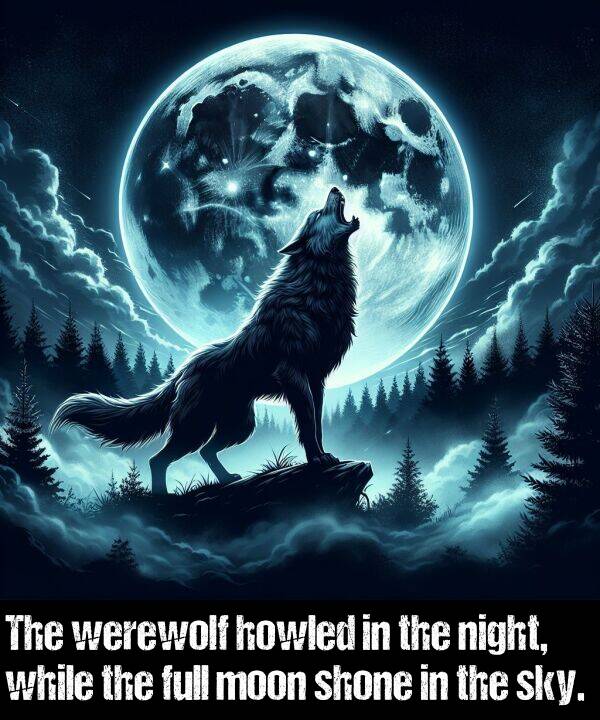 sky: The werewolf howled in the night, while the full moon shone in the sky.