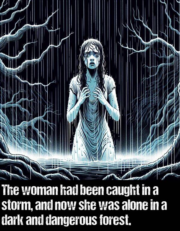 woman: The woman had been caught in a storm, and now she was alone in a dark and dangerous forest.