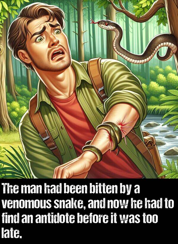 venomous: The man had been bitten by a venomous snake, and now he had to find an antidote before it was too late.